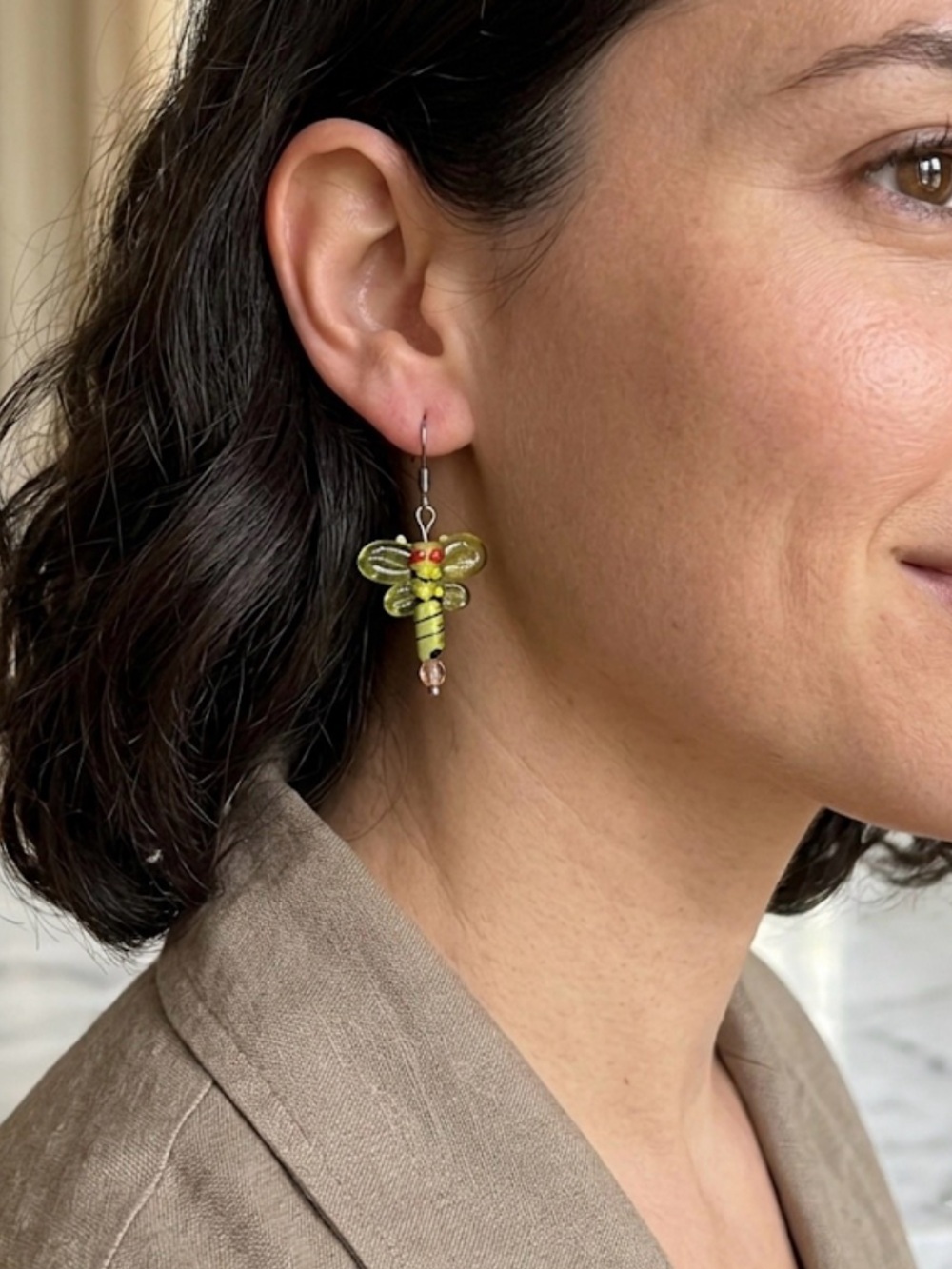 🦔 Green Glass Dragonfly Earrings